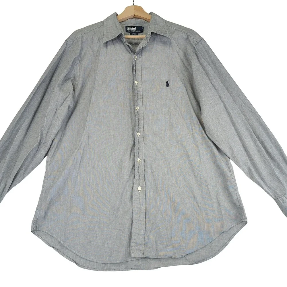 Polo Ralph Lauren Andrew Mens 16.5 34/35 Blue White Micro Stripe Cotton Shirt‎